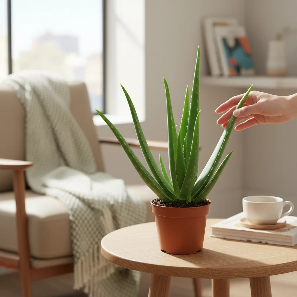succulux Aloe Vera plant in een 14 cm pot op een houten tafel, met een hand die een blad aanraakt in een woonkamer.