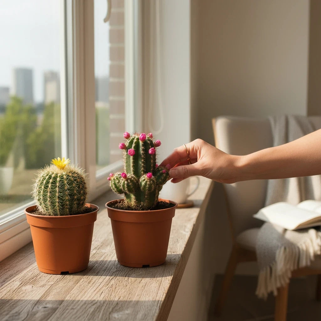 succulux set van twee kleine cactussen met roze en gele bloemen in bruine kweekpotten op een vensterbank