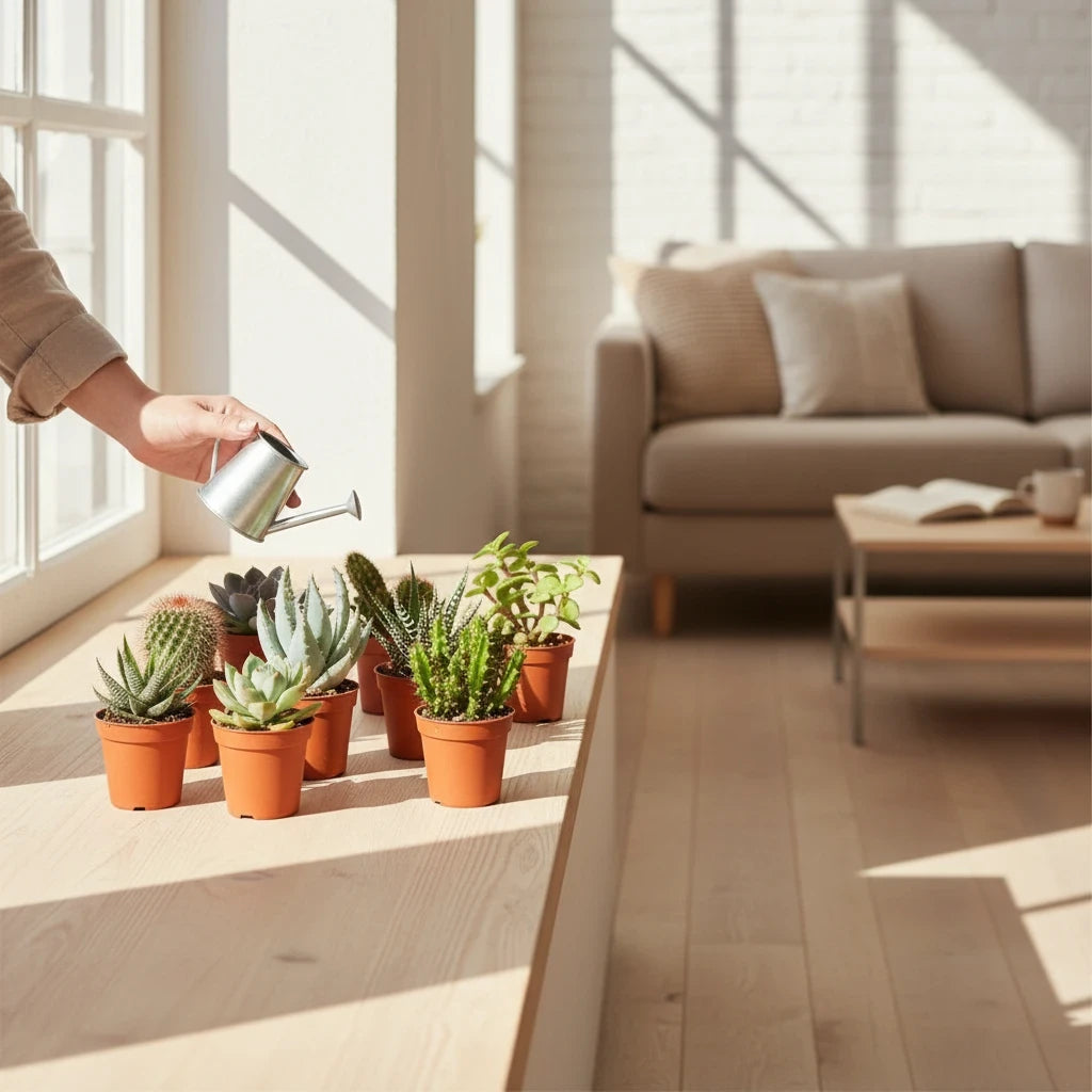 succulux cactus en vetplanten mix van 15 verschillende planten in terracotta potjes op een zonnige vensterbank