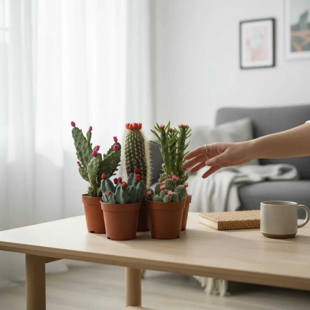 succulux set van vijf mini-cactussen met kleurrijke kunstbloemen op een houten tafel in een licht interieur
