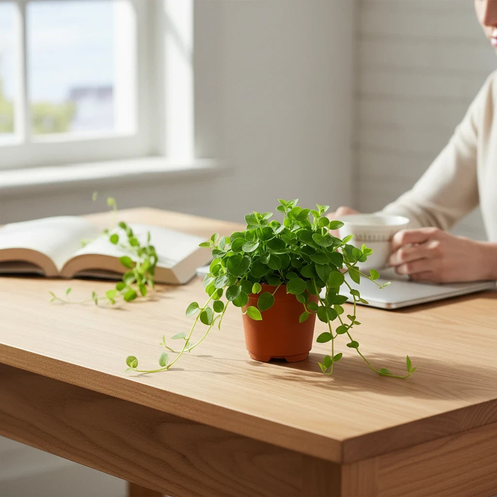 succulux Peperomia rotundifolia kralenplant met kleine ronde blaadjes in een terracotta pot op een houten tafel