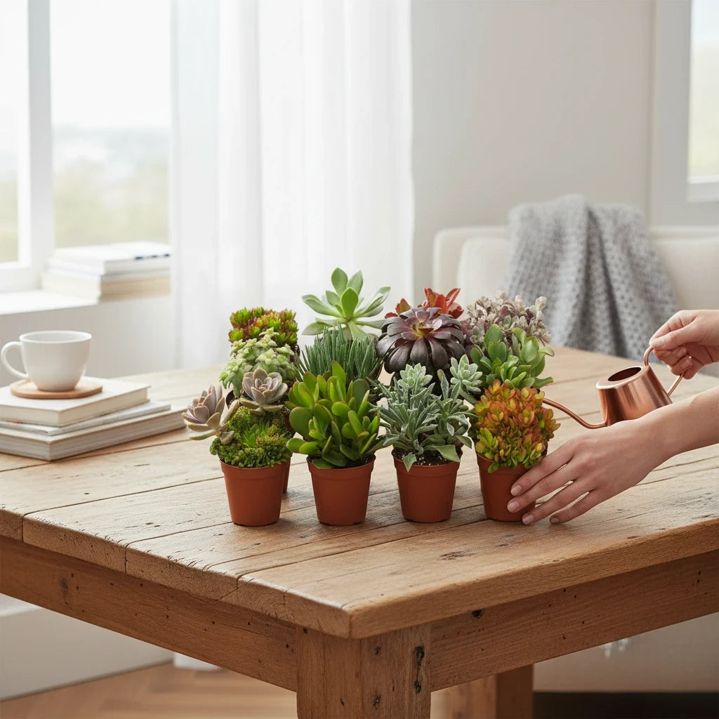 Succulux set van twaalf diverse vetplanten in kweekpotjes op een houten tafel, verzorgd met een koperen gieter.