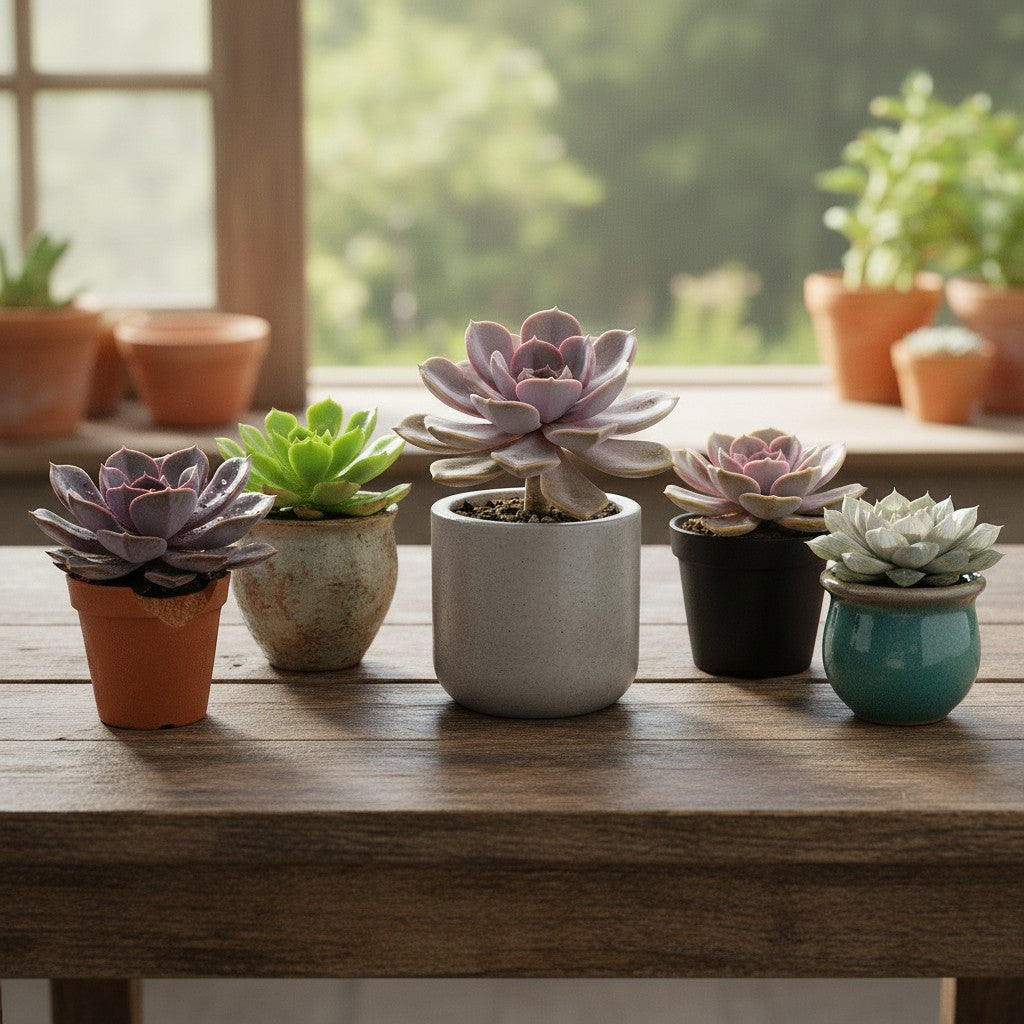 succulux set van vijf mini Echeveria vetplanten in diverse potjes op een houten tafel voor een raam
